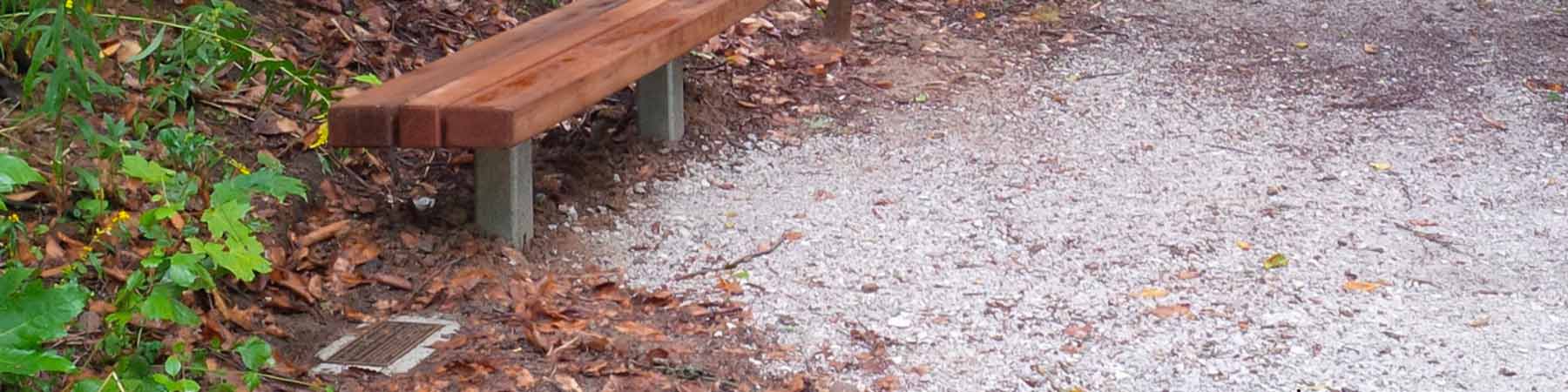 Photo of a bronze plaque installed beside a bench on a beautiful side trail in Halton Hills